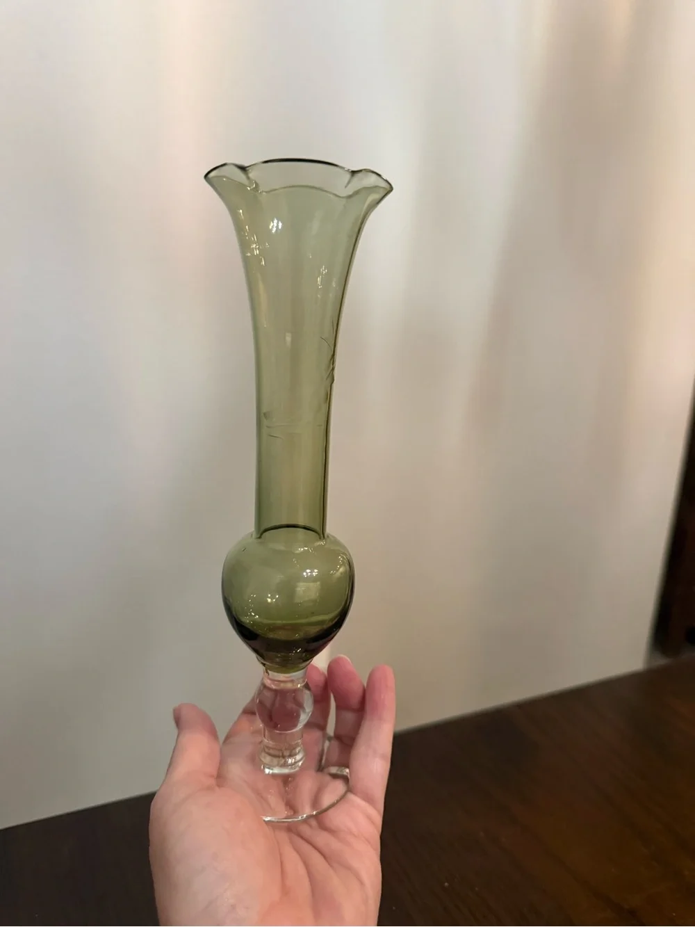 Vintage Olive Green Blown Glass Pedestal Bud Vase Ruffled Edge Etched Cut Flower